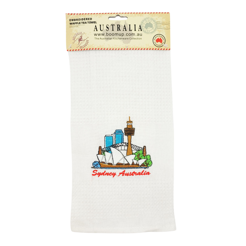 Sydney Featured Embroidered wattle tea towel