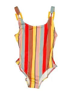 Solid & Striped One Piece Yellow Orange Buckle Swim Suit